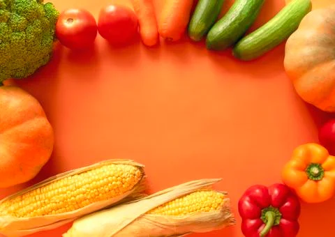 Assortment vegetables with space for text on orange background Stock Photos