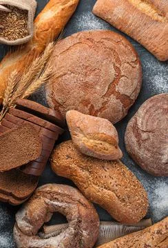 Assortment of wheat and rye bread. Bread background. Stock Photos