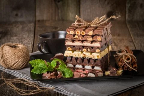 An assortment of white, dark, and milk chocolate Stock Photos