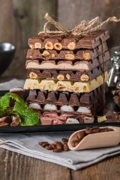 An assortment of white, dark, and milk chocolate Stock Photos