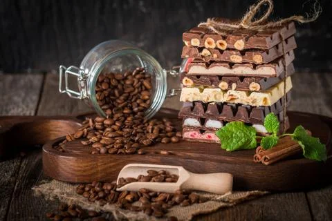 An assortment of white, dark, and milk chocolate Stock Photos