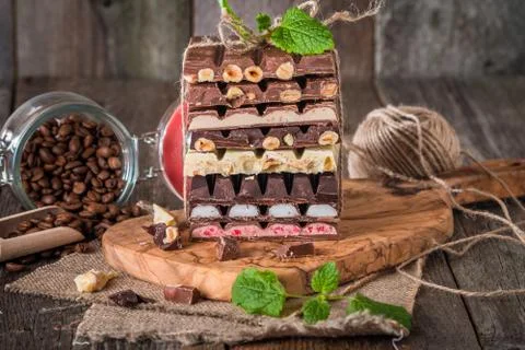 An assortment of white, dark, and milk chocolate Stock Photos