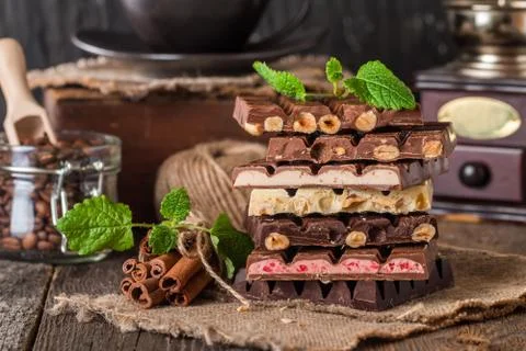 An assortment of white, dark, and milk chocolate Stock Photos