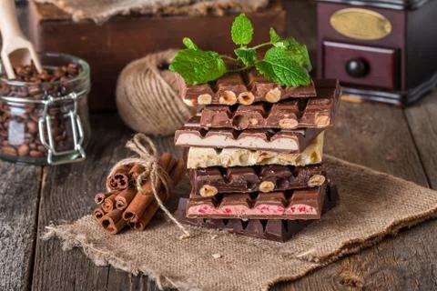 An assortment of white, dark, and milk chocolate Stock Photos