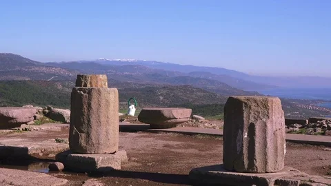 Assos, ancient ruins on the mountains background, Behramkale, Turkey Stock Footage 84539391