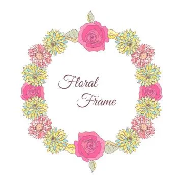 Aster and roses flowes. Round frame card Stock Illustration