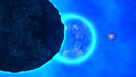 Asteroid approaching earth causing global impact danger Stock Illustration