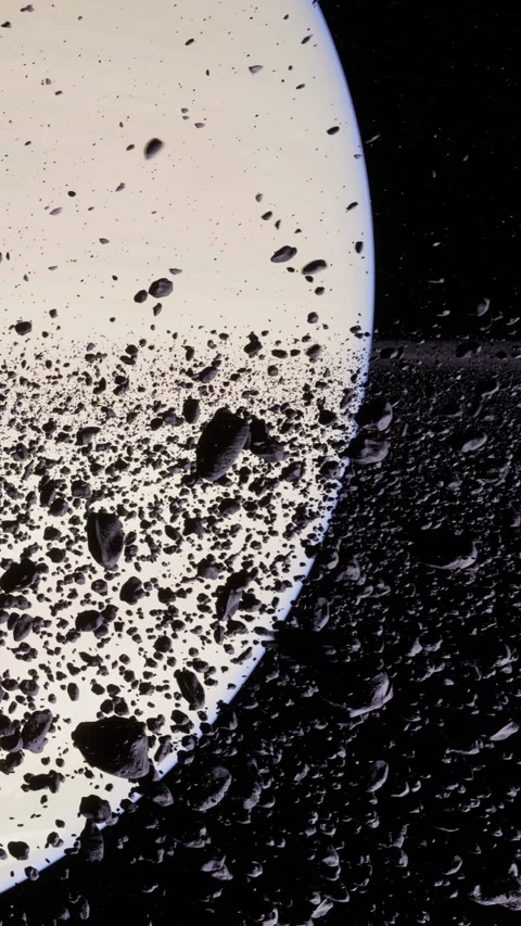 Asteroid belt with numerous rocks floating in space near a planet Stock Footage 342160559