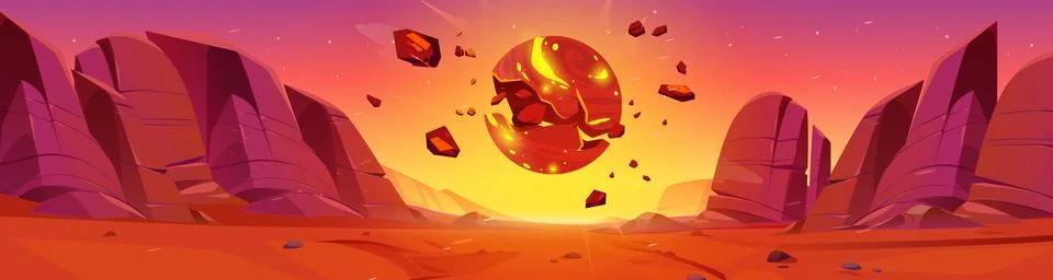 Asteroid explosion in mars desert planet landscape 스톡 일러스트
