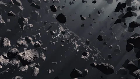 Asteroid Field in Deep Space Linear Orbit Shot around big asteroid or dwarf  Stock Footage 197127450