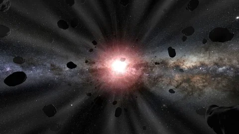 Asteroid Field Loop With Sun's Lens Flare And Milky Way Galaxy As Background Stock Footage 99733839