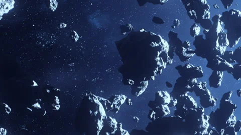 Asteroid field in outer space with many rocks floating around Stock Footage 343544344