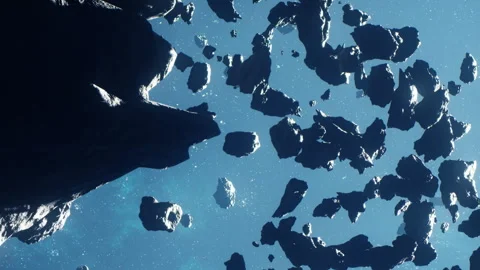 Asteroid field with rocks floating in space under bright blue sky Stock Footage 344162970