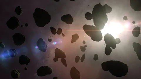 Asteroid Field in Space with lens flare Stock Footage 92856739