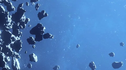 Asteroid field in space with various rocks floating in blue background Stock Footage 343946804