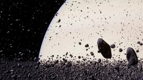 Asteroid field surrounding a distant planet with scattered rocks Stock Footage 345064115