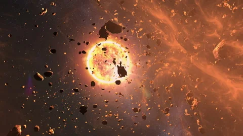 Asteroid filed close to the Sun with solar flares in deep space, Stock Footage 276165899
