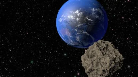 An asteroid flies to the earth. 3D rendering 스톡 일러스트