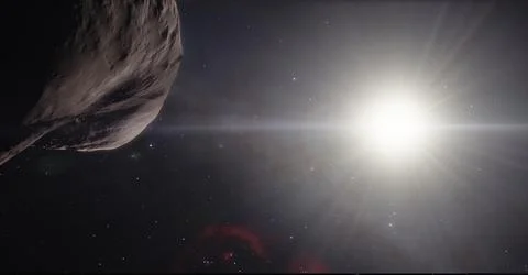 Asteroid flies to the sun. Sun rays and and a planet 3d illustration backgrou Stock Illustration