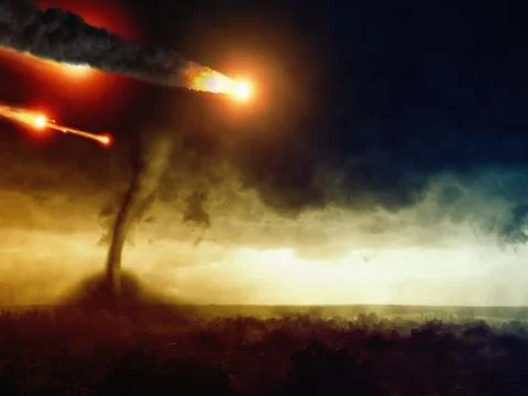 Asteroid impact and huge tornado Stock Illustration
