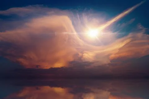 Asteroid impact and red clouds above serene sea. Asteroid may threat to life  Фото