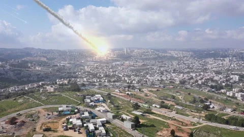 Asteroid Meteor impact over Large city, Jerusalem, Aerial Stock Footage 150008490