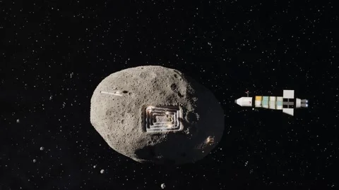 Asteroid Mining Drones Laser Cutting Rock in Space Seamless Loop Stockbeeldmateriaal 347567605