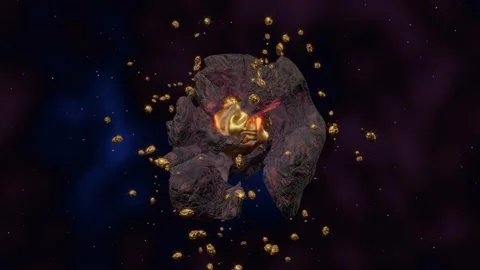 Asteroid mining. Gold, precious metals in space. 3d animation render. Vídeo Stock 329813514