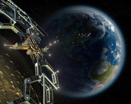 Asteroid mining space station in a near Earth orbit 스톡 일러스트