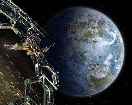 Asteroid mining space station in a near Earth orbit Stock Illustration