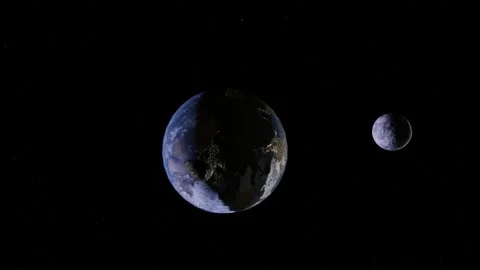 Asteroid Passing Between Earth and Orbiting Moon Vídeo Stock 346738025