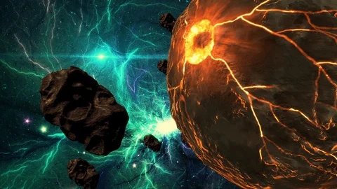 Asteroid Passing Near by Dark Planet in mysterious Universe with colorful nebula Stock Footage 99005010