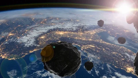 Asteroid strike over Earth, meteor rain Stock Footage 74582477
