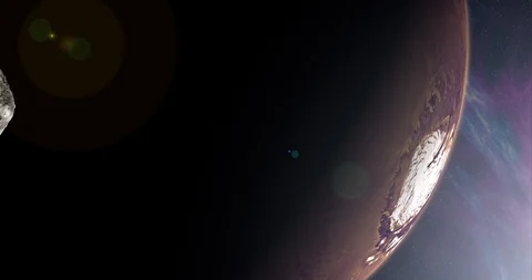 An asteroid tumbles slowly as it passes Mars' North Pole. Lens effects, nebulae Stock Footage 92272224