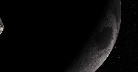 An asteroid tumbles slowly in space as it passes Earth's Moon. Stock Footage 91708874