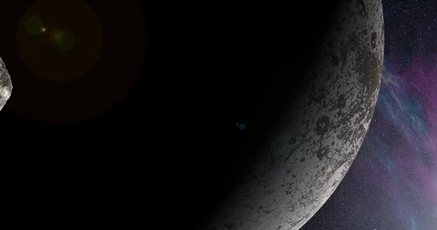 An asteroid tumbles slowly in space as it passes Iapetus. Lens fx, nebulae Stock Footage 91798290