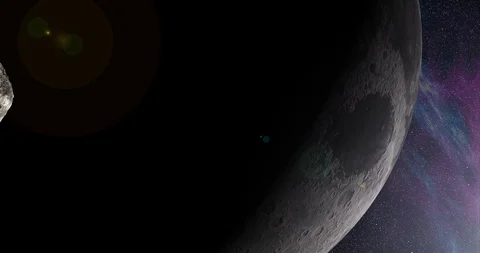 An asteroid tumbles slowly in space as it passes Earth's Moon. Lens fx, nebulae Stock Footage 91798699
