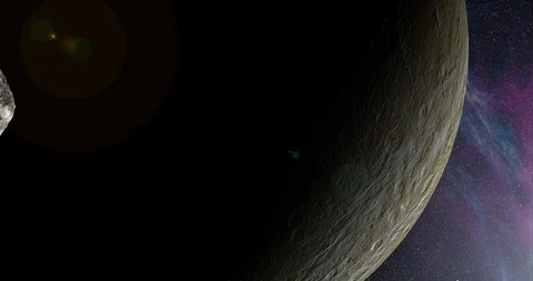 An asteroid tumbles slowly in space as it passes Rhea. Lens fx, nebulae Stock-Footage 91798864