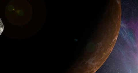 An asteroid tumbles slowly in space as it passes Venus. Lens fx, nebulae Stock Footage 91799174