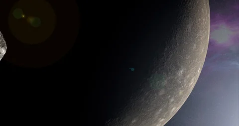 An asteroid tumbles slowly in space as it passes Callisto. Lens effects, nebulae Stock Footage 92271125
