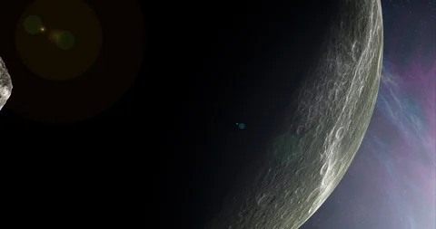 An asteroid tumbles slowly in space as it passes Dione. Lens effects, nebulae Stock Footage 92271673