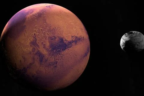 Asteroid Vesta orbiting in the outer space as it passes near of Mars. 3d render Illustration