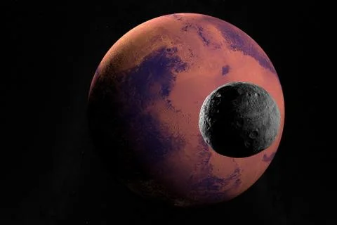 Asteroid Vesta orbiting in the outer space as it passes through Mars. 3d render Ilustración de archivo