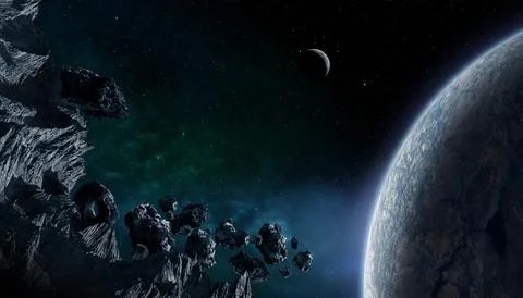 Asteroids approaching the Earth with the Moon and the Milky Way Stock Illustration