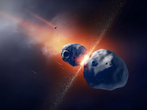 Asteroids collide and explode  in space イラスト素材