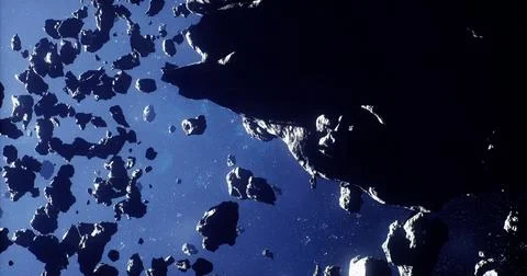 Asteroids drift through space in a dynamic celestial environment 스톡 일러스트