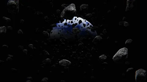 Asteroids drifting to the blue Earth-like planet realistic 3D animation Stock Footage 166669352