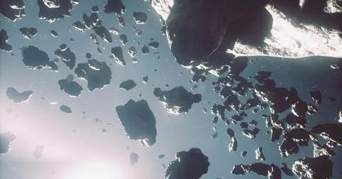 Asteroids drifting through the vastness of space with glowing light effects Stock Illustration