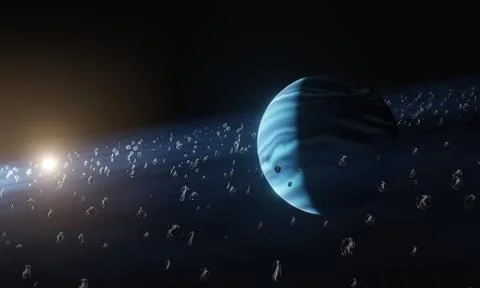 Asteroids Field in Space. Blue Galaxy and Asteroids. Nebula of the Cosmic Sky Stock Illustration