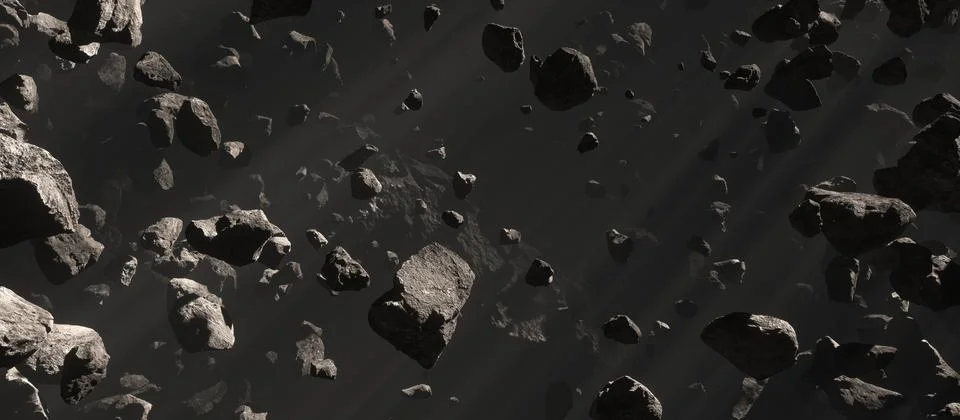 Asteroids Fields Collision in Deep Space Panoramic Stock Illustration